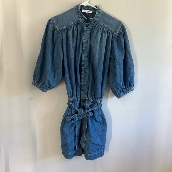FRAME Cali Denim Romper Size S Blue Belted, Puff Sleeve, Button Front - Picture 5 of 11